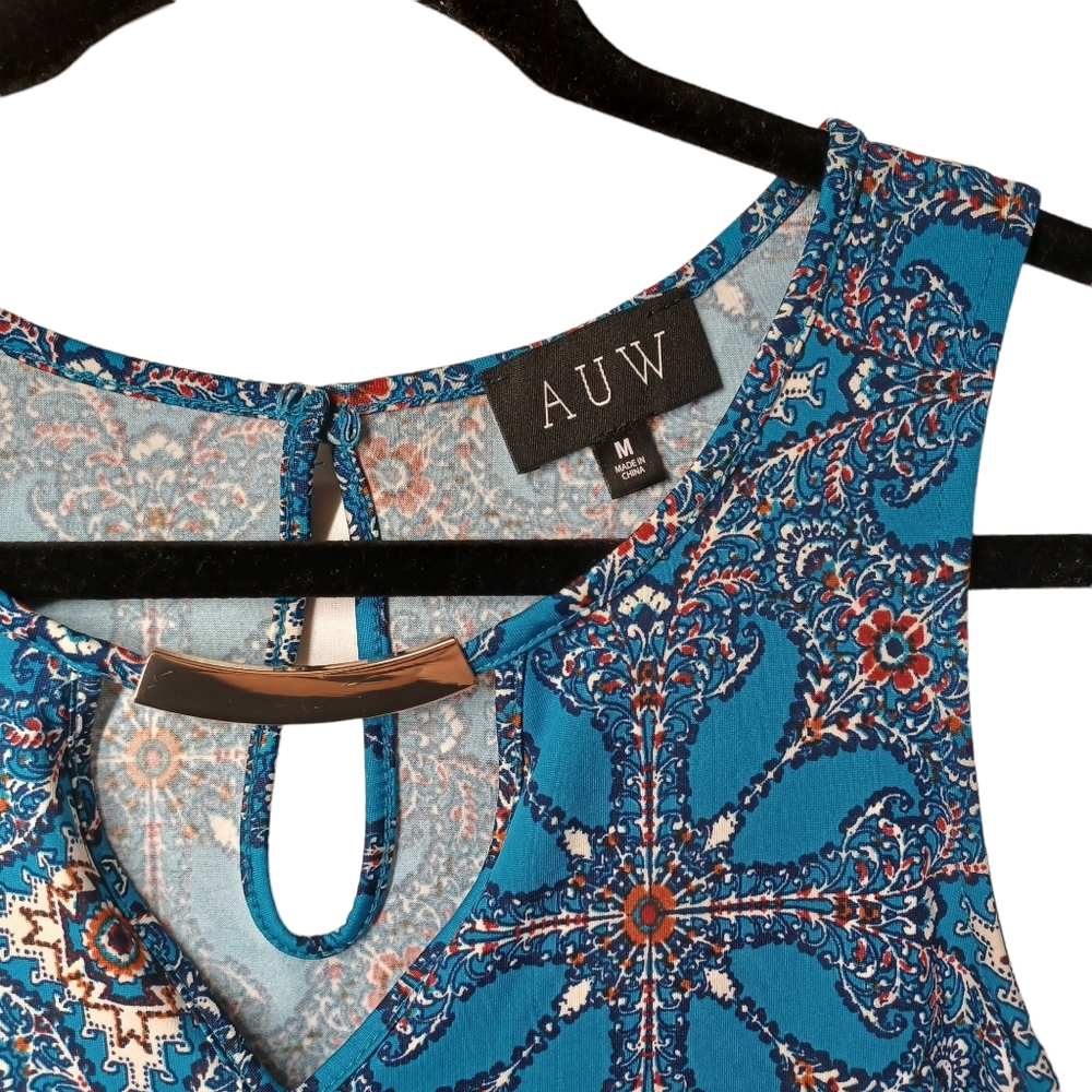 AUW Blue Red White Geometric Floral Print Sleeveless Keyhole Bar Top Medium - Picture 2 of 6